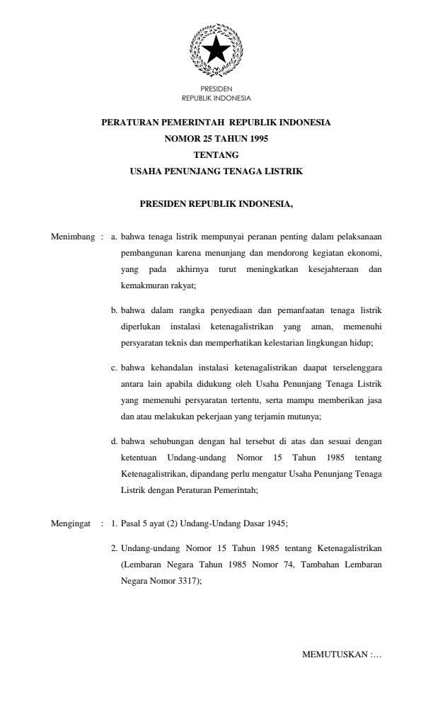 Peraturan Pemerintah Nomor 25 Tahun 1995