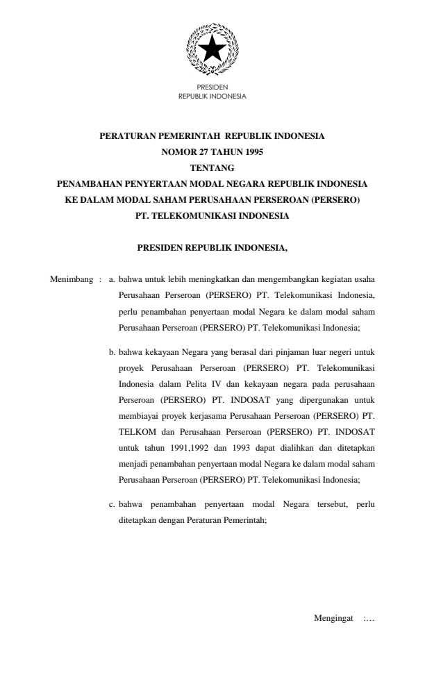 Peraturan Pemerintah Nomor 27 Tahun 1995