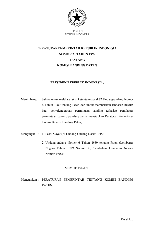 Peraturan Pemerintah Nomor 31 Tahun 1995