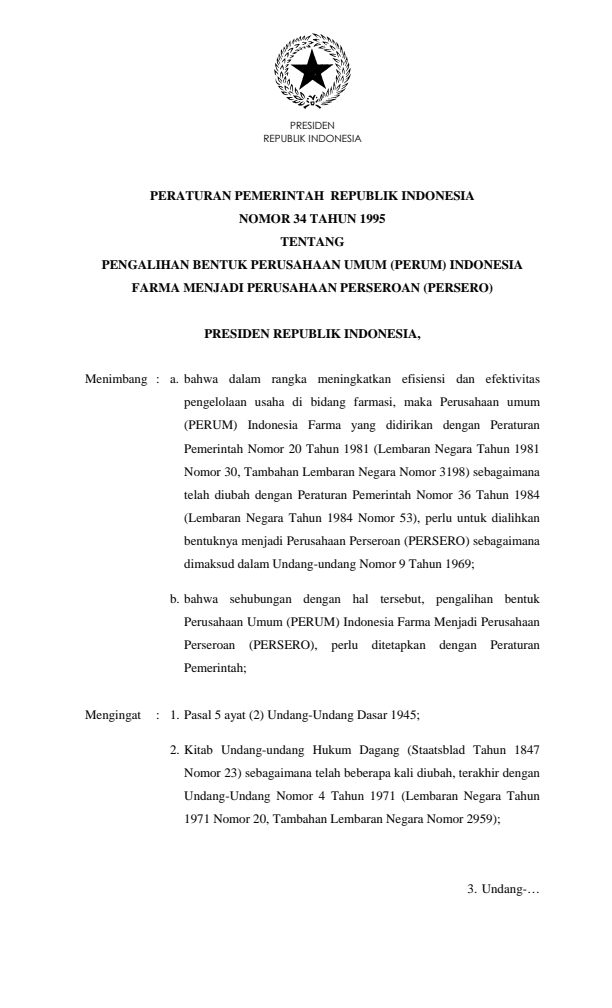 Peraturan Pemerintah Nomor 34 Tahun 1995