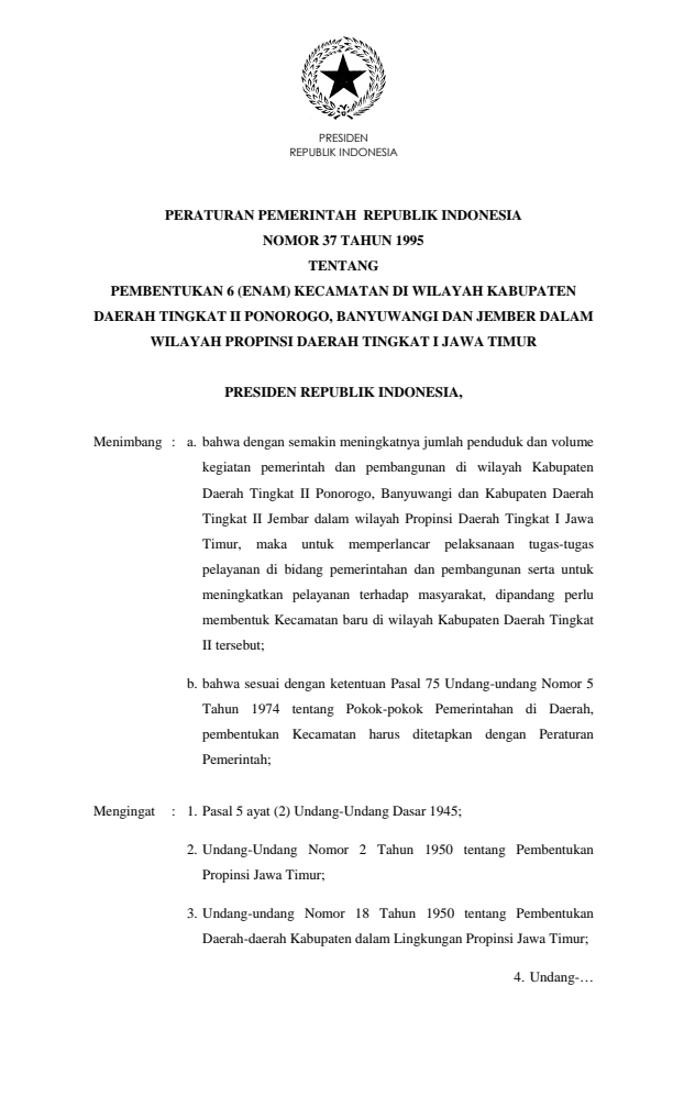 Peraturan Pemerintah Nomor 37 Tahun 1995