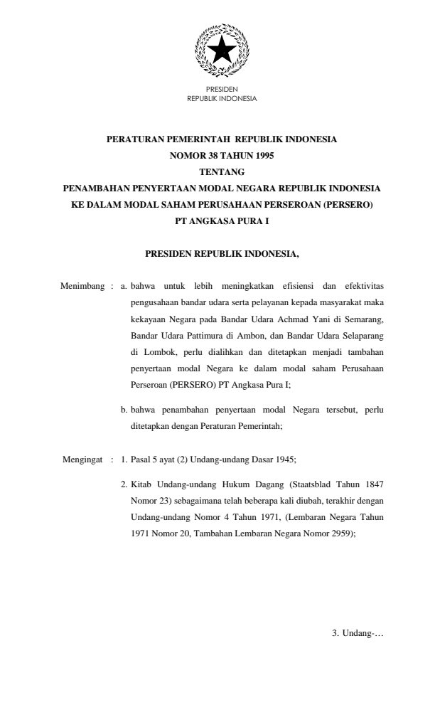 Peraturan Pemerintah Nomor 38 Tahun 1995