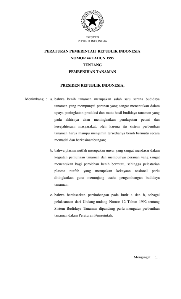 Peraturan Pemerintah Nomor 44 Tahun 1995