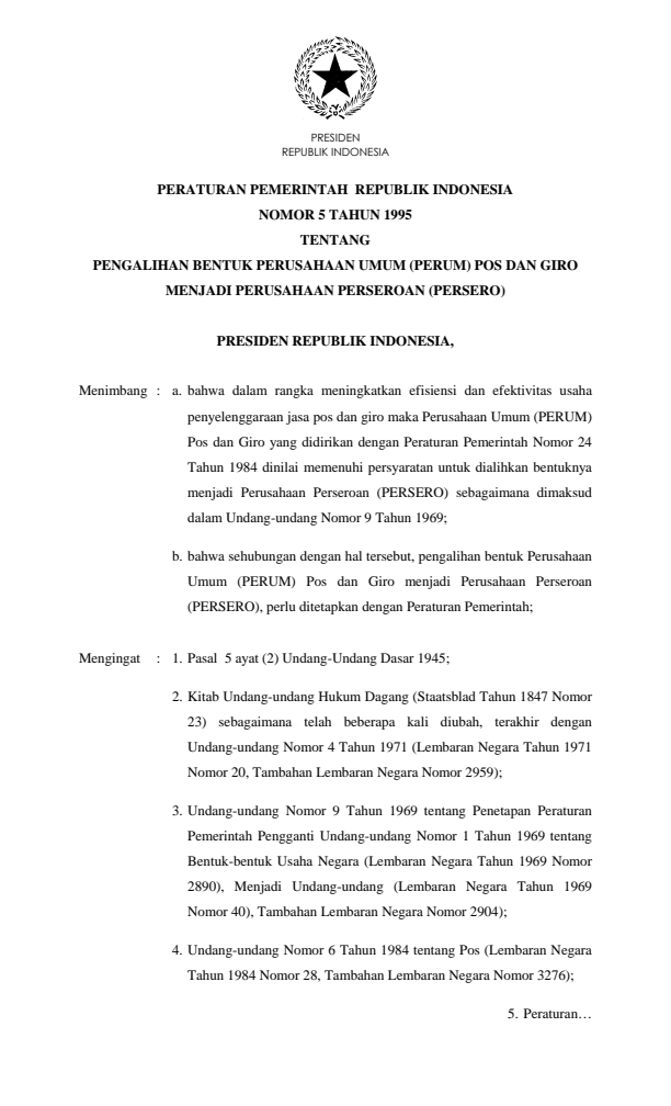 Peraturan Pemerintah Nomor 5 Tahun 1995