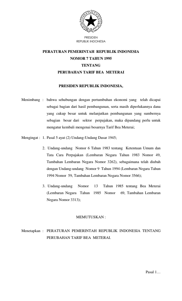 Peraturan Pemerintah Nomor 7 Tahun 1995