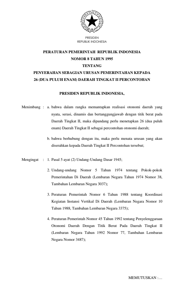 Peraturan Pemerintah Nomor 8 Tahun 1995