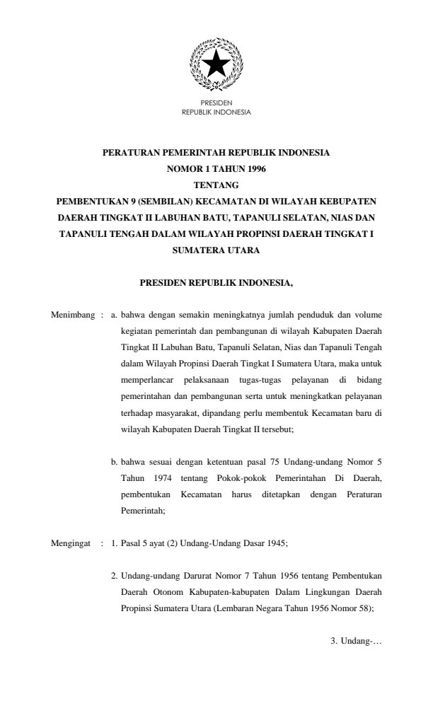 Peraturan Pemerintah Nomor 1 Tahun 1996