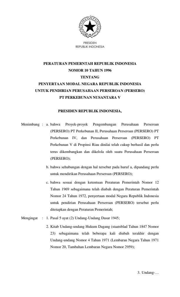 Peraturan Pemerintah Nomor 10 Tahun 1996