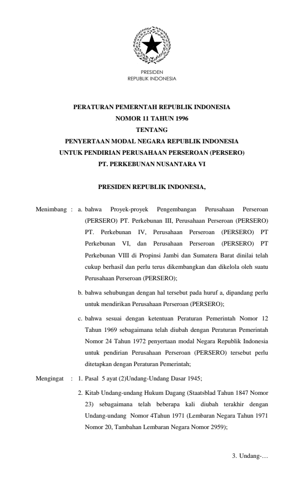 Peraturan Pemerintah Nomor 11 Tahun 1996