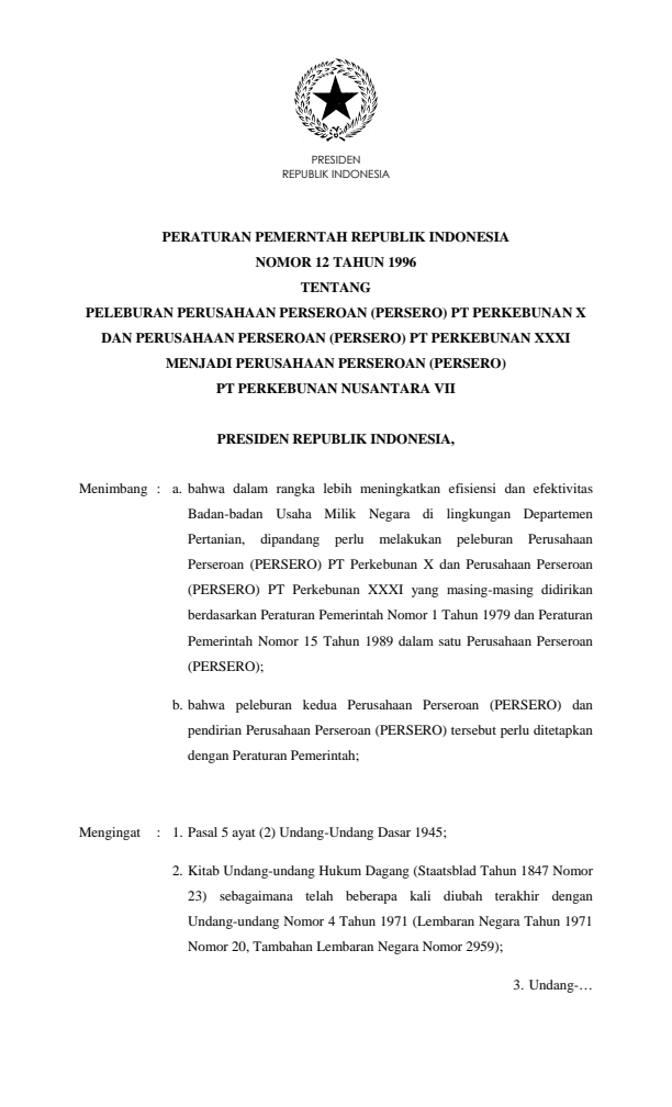 Peraturan Pemerintah Nomor 12 Tahun 1996