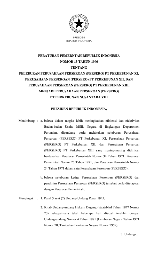 Peraturan Pemerintah Nomor 13 Tahun 1996