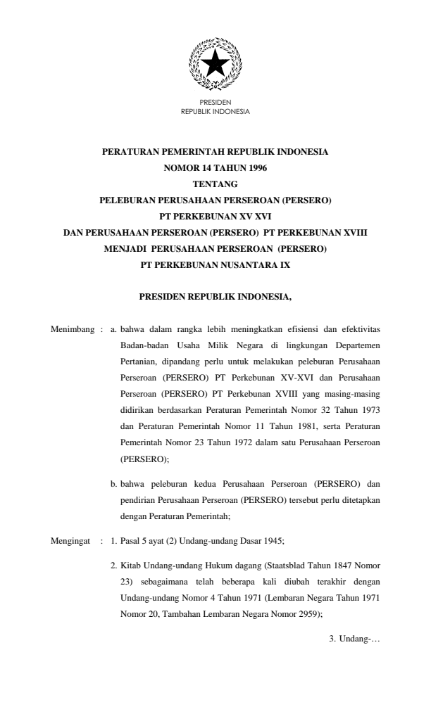 Peraturan Pemerintah Nomor 14 Tahun 1996