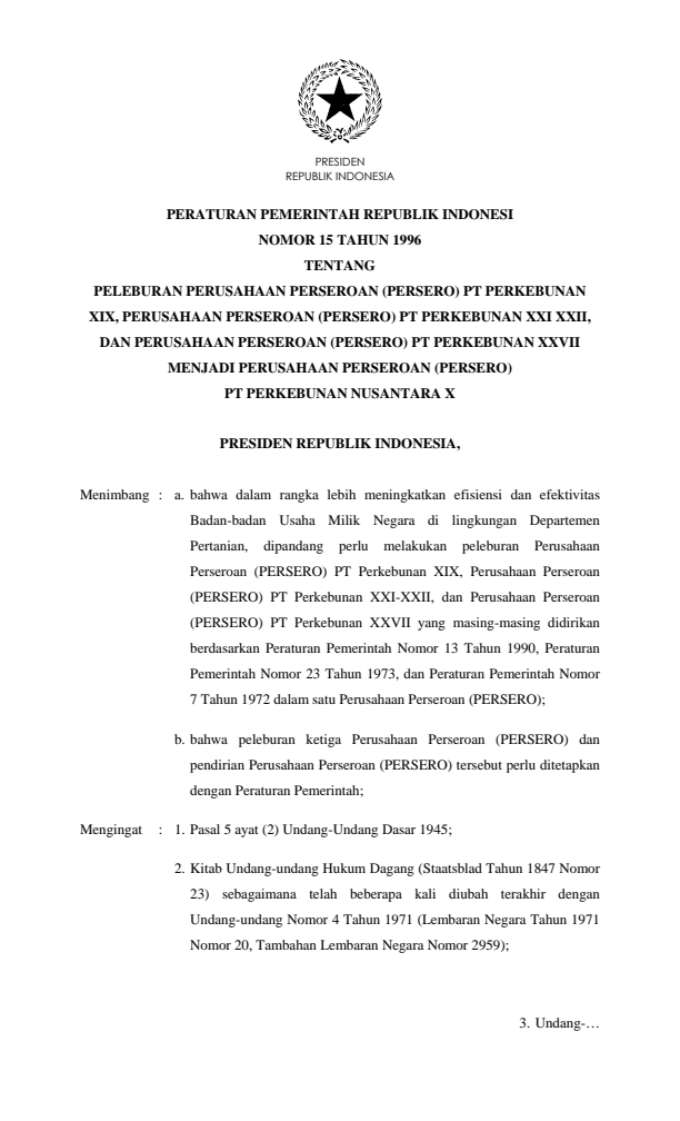 Peraturan Pemerintah Nomor 15 Tahun 1996