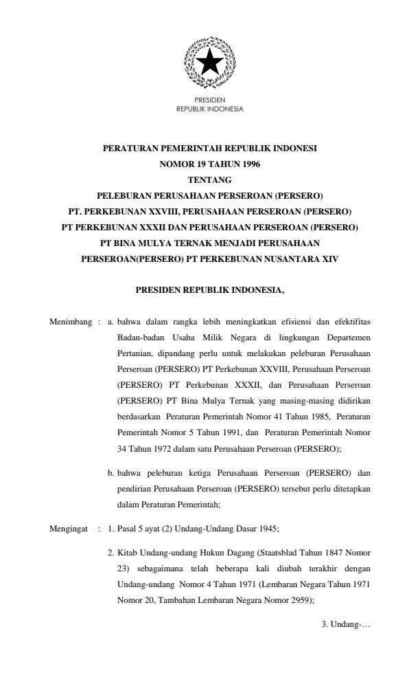 Peraturan Pemerintah Nomor 19 Tahun 1996