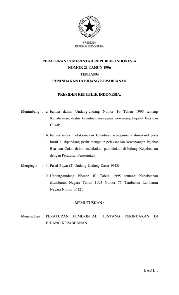 Peraturan Pemerintah Nomor 21 Tahun 1996