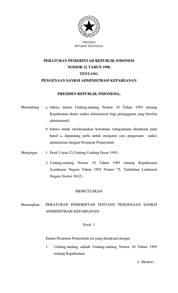 Peraturan Pemerintah Nomor 22 Tahun 1996