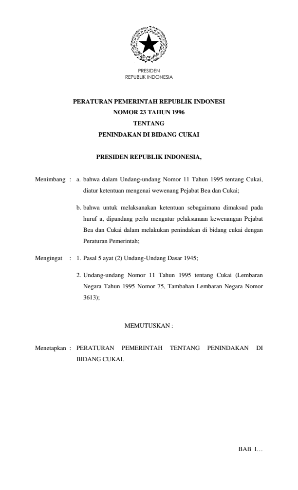 Peraturan Pemerintah Nomor 23 Tahun 1996