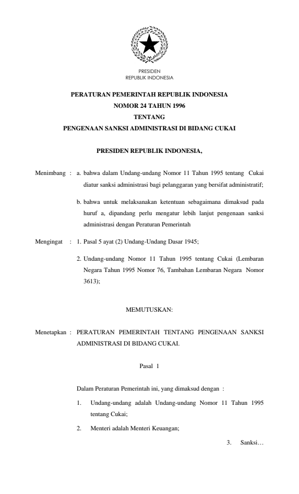 Peraturan Pemerintah Nomor 24 Tahun 1996