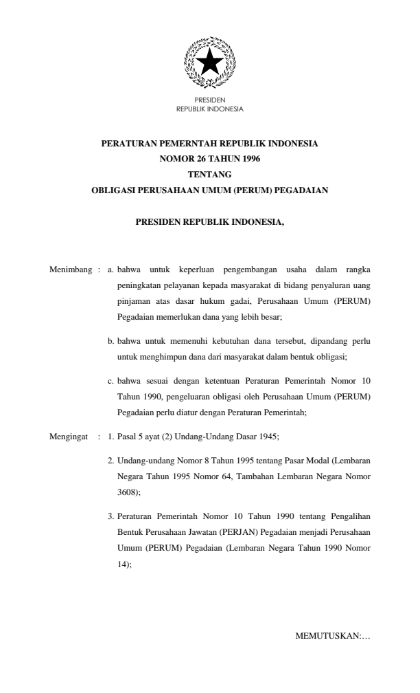 Peraturan Pemerintah Nomor 26 Tahun 1996