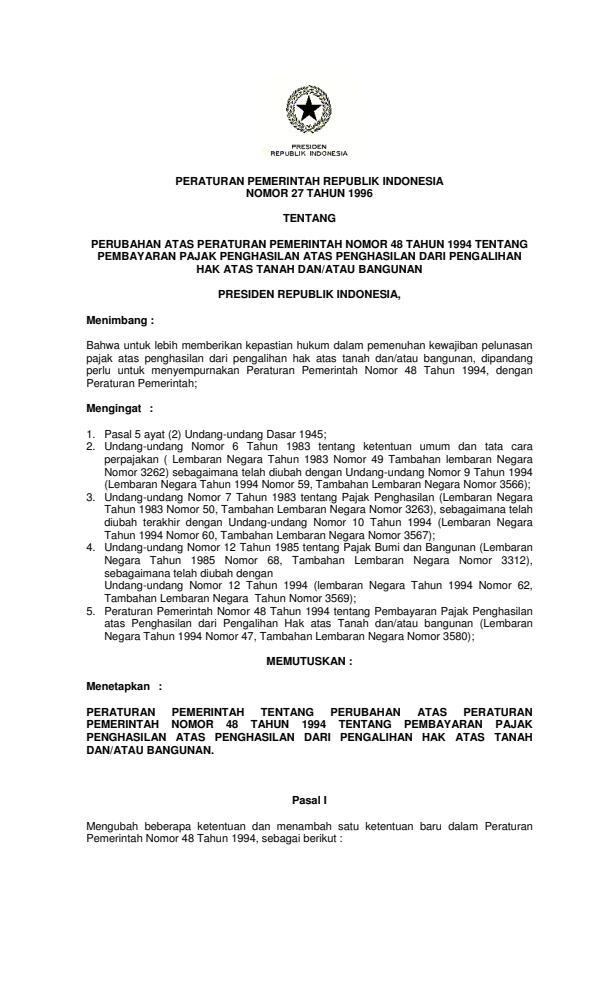 Peraturan Pemerintah Nomor 27 Tahun 1996