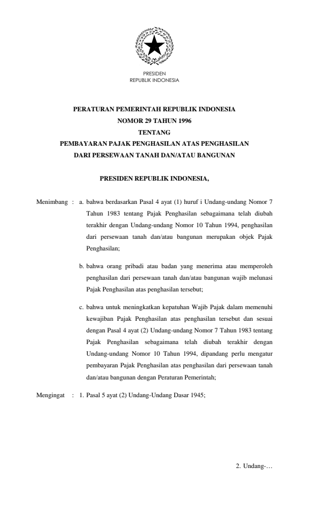 Peraturan Pemerintah Nomor 29 Tahun 1996