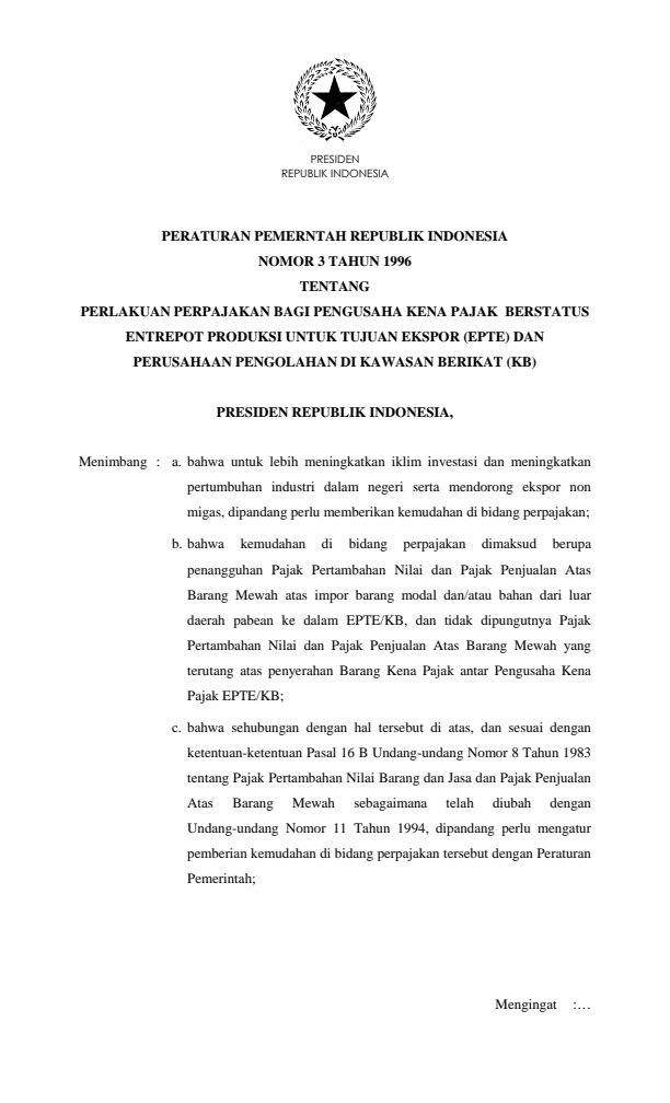 Peraturan Pemerintah Nomor 3 Tahun 1996