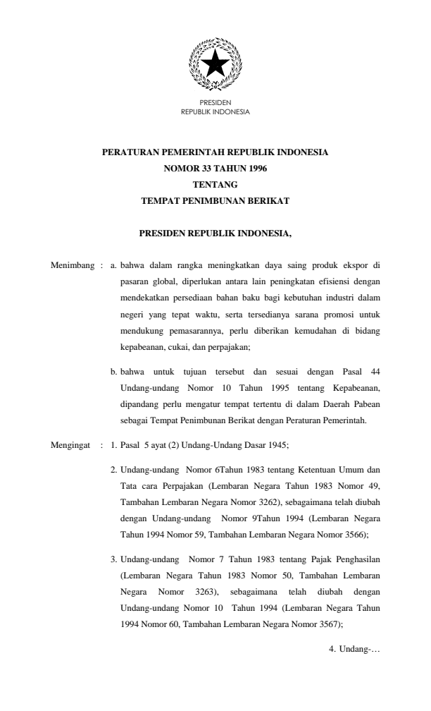 Peraturan Pemerintah Nomor 33 Tahun 1996