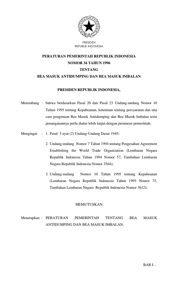 Peraturan Pemerintah Nomor 34 Tahun 1996