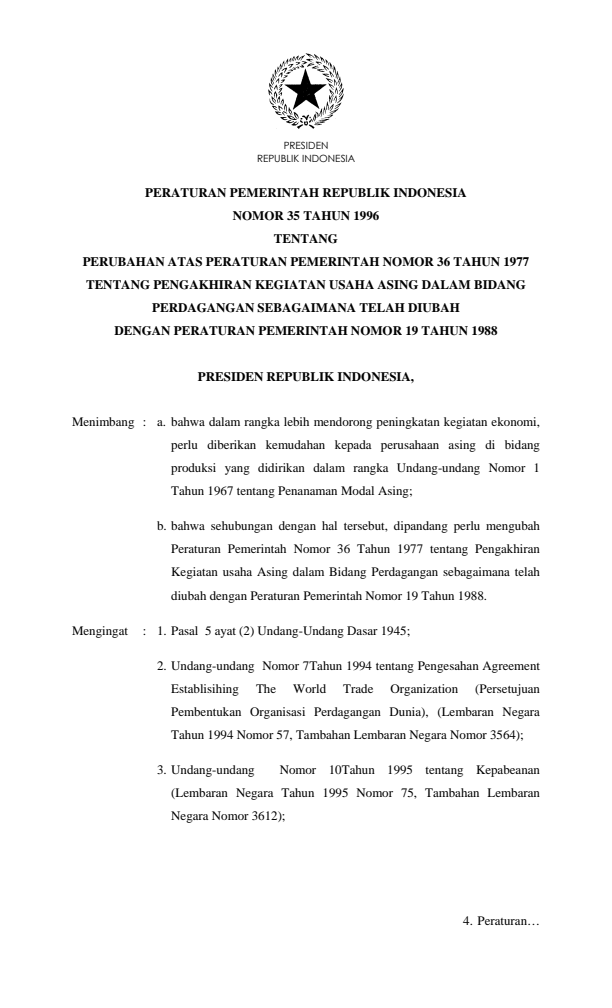 Peraturan Pemerintah Nomor 35 Tahun 1996