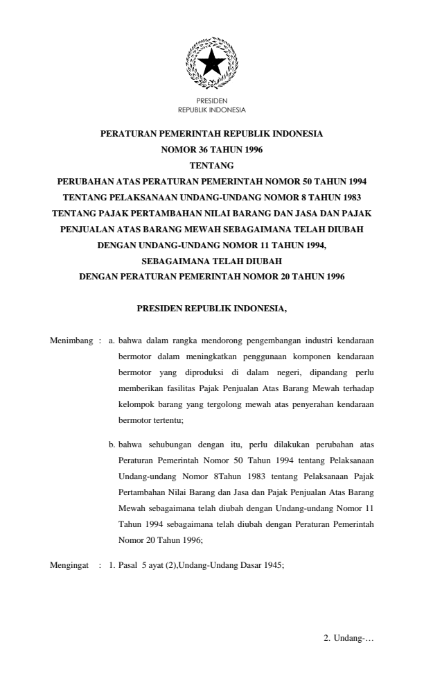 Peraturan Pemerintah Nomor 36 Tahun 1996