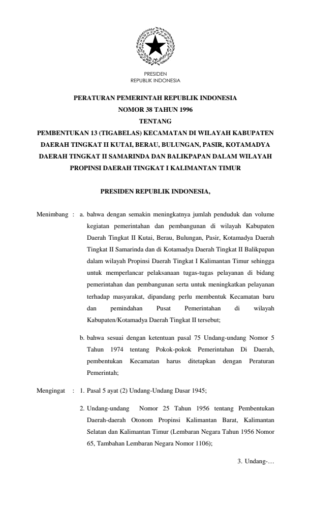 Peraturan Pemerintah Nomor 38 Tahun 1996