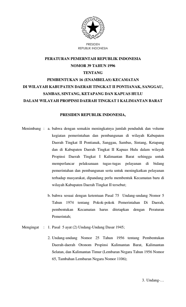 Peraturan Pemerintah Nomor 39 Tahun 1996