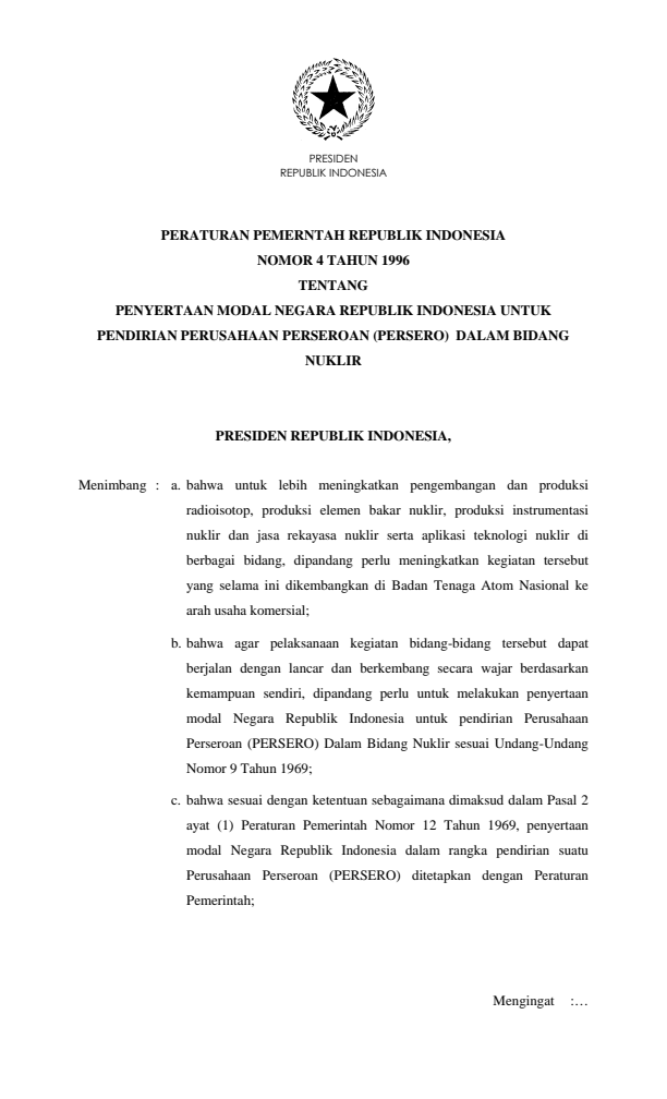 Peraturan Pemerintah Nomor 4 Tahun 1996