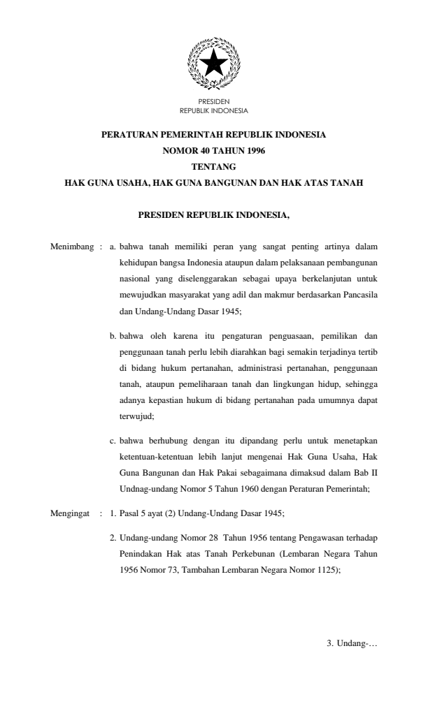 Peraturan Pemerintah Nomor 40 Tahun 1996