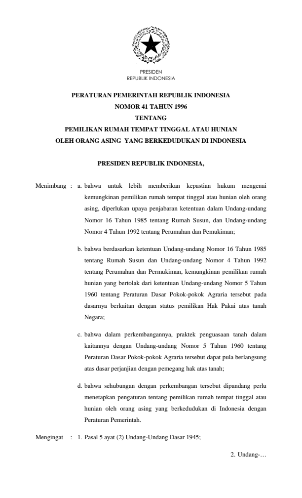 Peraturan Pemerintah Nomor 41 Tahun 1996