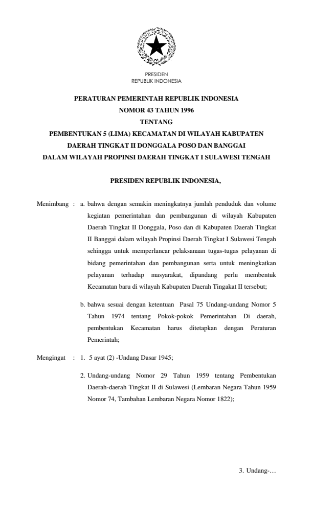 Peraturan Pemerintah Nomor 43 Tahun 1996