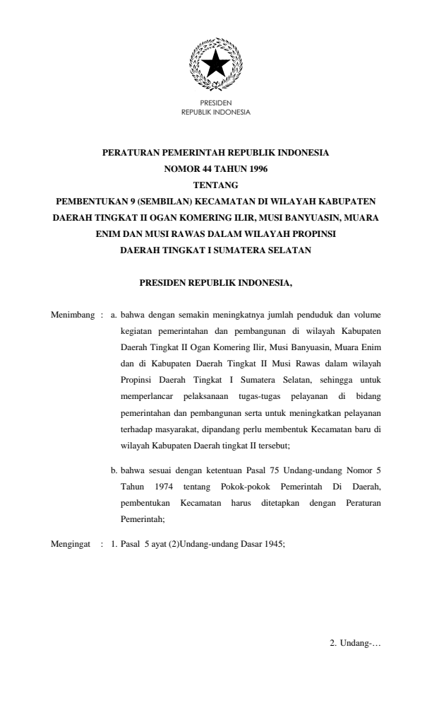 Peraturan Pemerintah Nomor 44 Tahun 1996