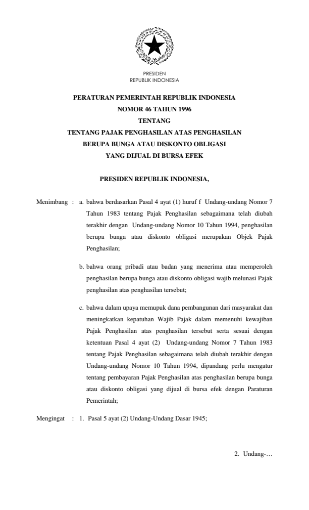 Peraturan Pemerintah Nomor 46 Tahun 1996