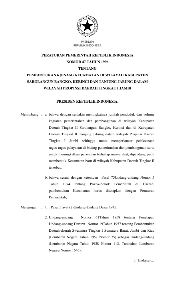 Peraturan Pemerintah Nomor 47 Tahun 1996