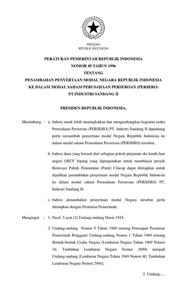 Peraturan Pemerintah Nomor 49 Tahun 1996