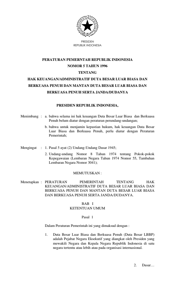 Peraturan Pemerintah Nomor 5 Tahun 1996