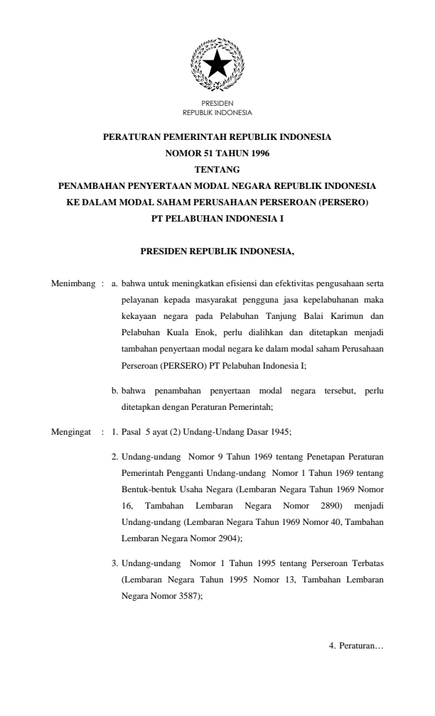 Peraturan Pemerintah Nomor 51 Tahun 1996