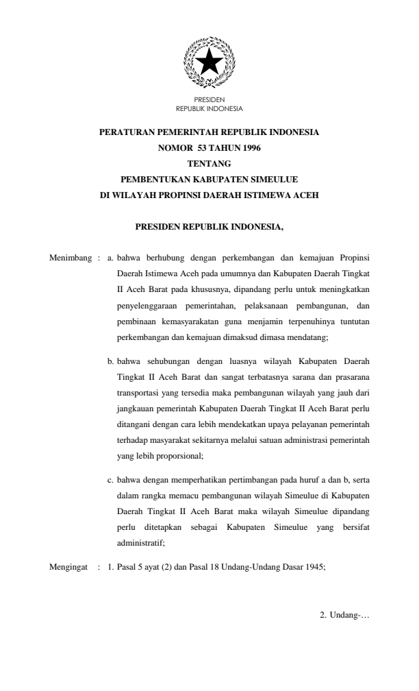 Peraturan Pemerintah Nomor 53 Tahun 1996