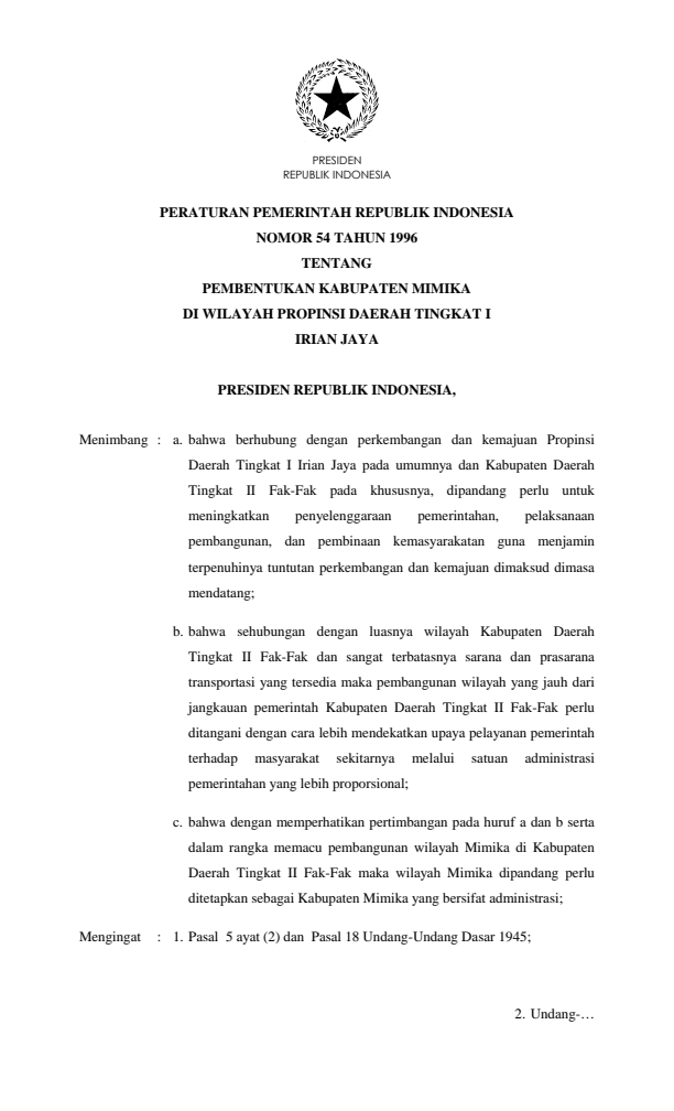 Peraturan Pemerintah Nomor 54 Tahun 1996