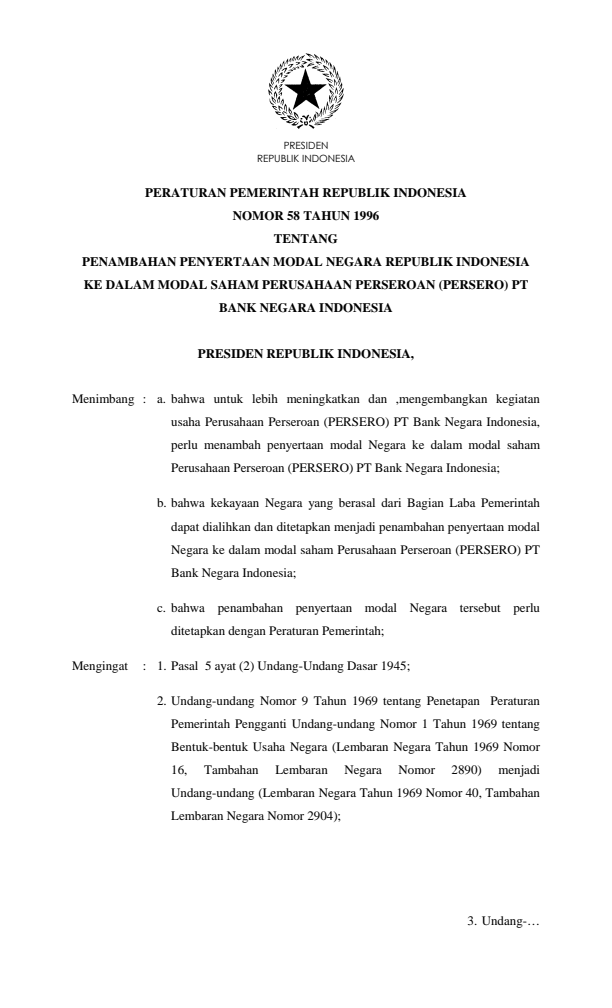 Peraturan Pemerintah Nomor 58 Tahun 1996