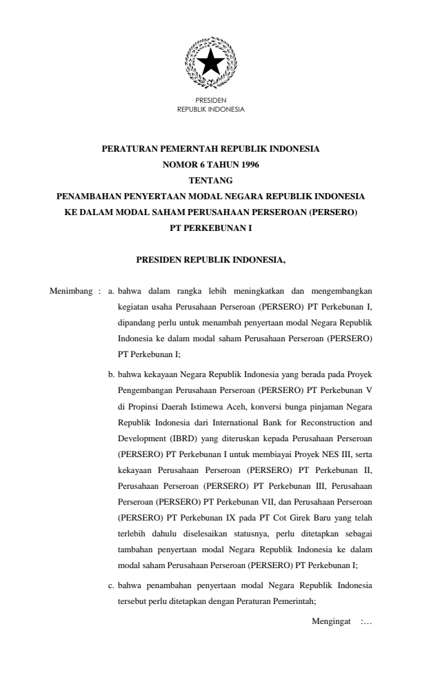 Peraturan Pemerintah Nomor 6 Tahun 1996