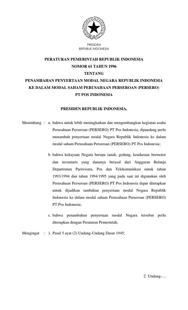 Peraturan Pemerintah Nomor 61 Tahun 1996