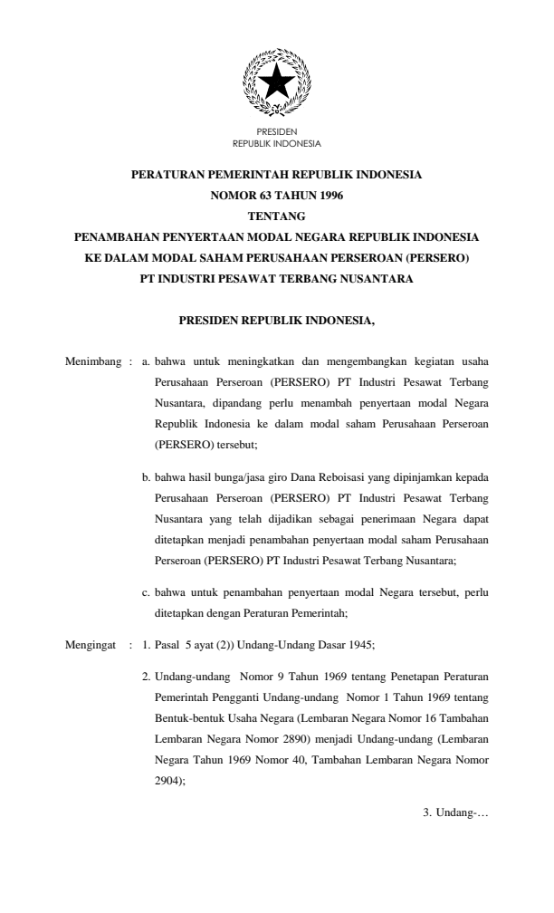 Peraturan Pemerintah Nomor 63 Tahun 1996