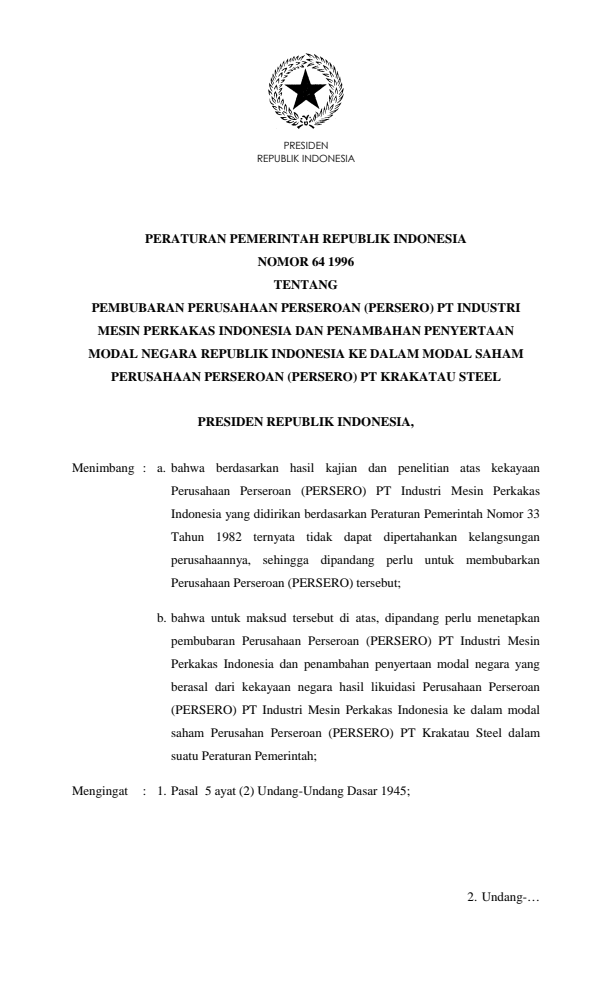 Peraturan Pemerintah Nomor 64 Tahun 1996