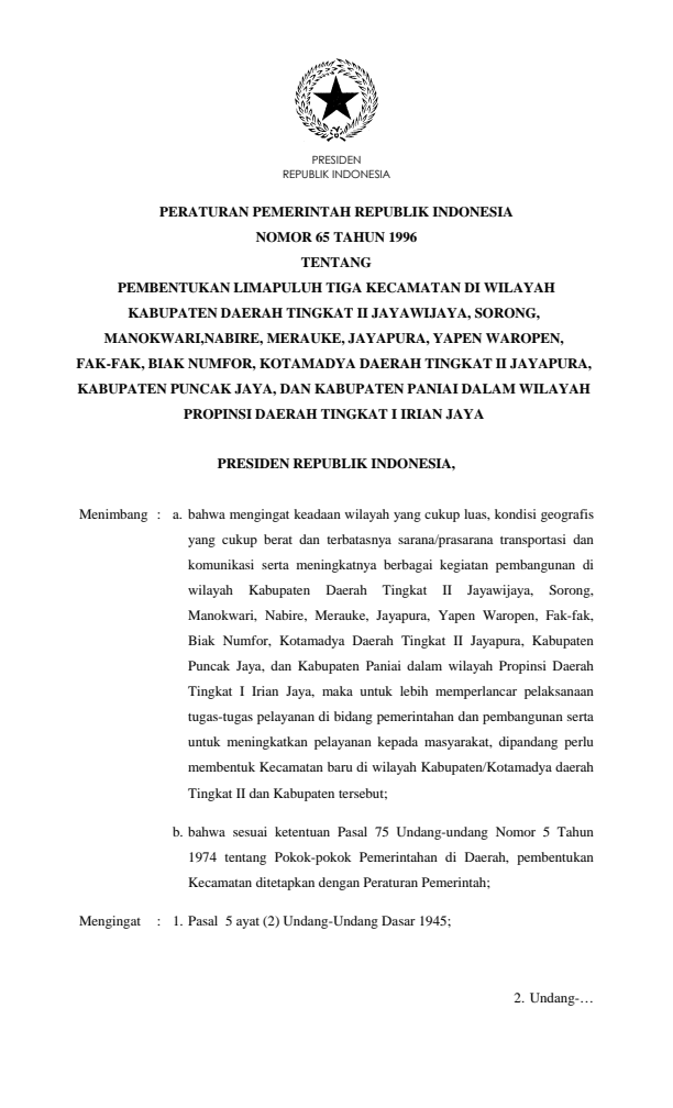 Peraturan Pemerintah Nomor 65 Tahun 1996